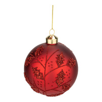 10cm Red Beaded with Leaf Bauble