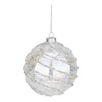 10cm Clear Silver Swirl Encrusted Bauble