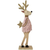 Fluffy Reindeer Holding Star Standing Decoration Pink Lge 31cm..