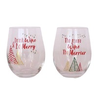 Drink Wine &amp; Be Merry Wine Glass Red &amp; Green 12cm (S/2)..
