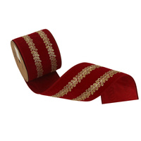 Velvet Ribbon 10cmx10m Red with Champagne Leaf