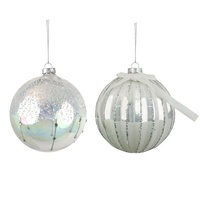 12cm Glass Bauble White with Silver