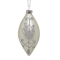 13cm White Glass Teardrop with Silver Pattern