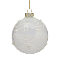8cm Pearl White Glass with Glitter &amp; Pearls