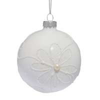 8cm Whiite Glass with Silver Flowers &amp; Pearls
