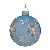 8cm Pale Blue Glass with White Flowers