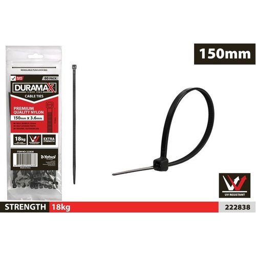 60pce Cable Tie Black 3.6x150mm
