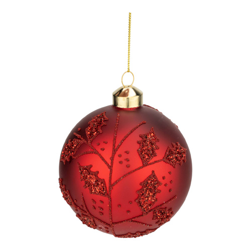 10cm Red Beaded with Leaf Bauble