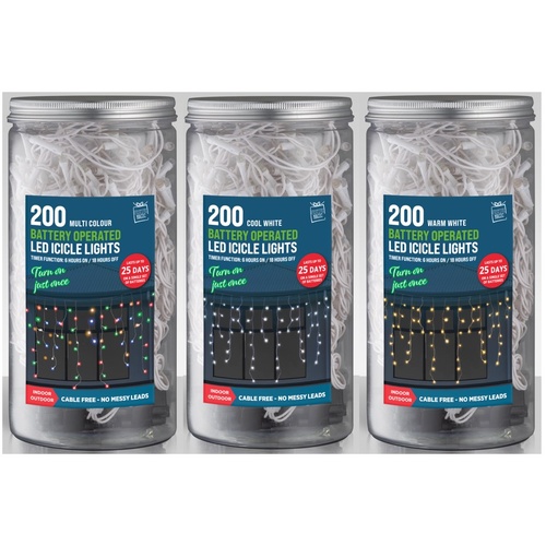 Timer LED Icicle Lights 200 Assort Colours