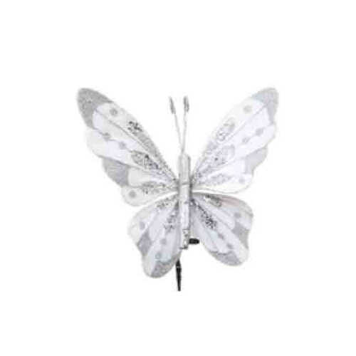 10" Butterfly White Wings Silver Glitter Body