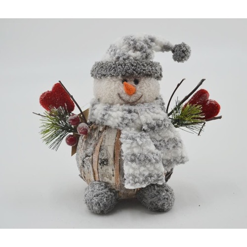 Snowman,birchbark w.grey hat & scarf 20×10×22cm