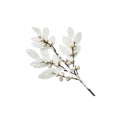 24" White Leaf White Berry Spray