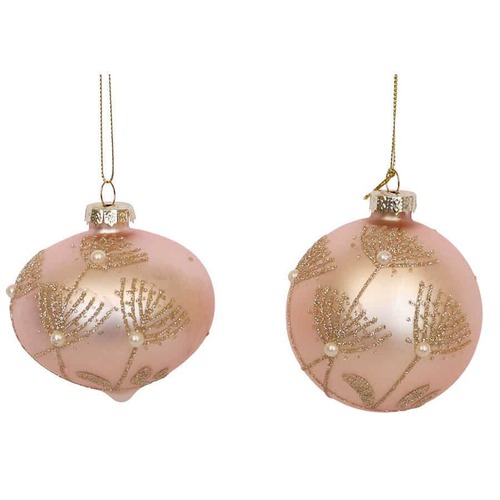 Glass Glitter Flora Bauble Pink 8cm ..