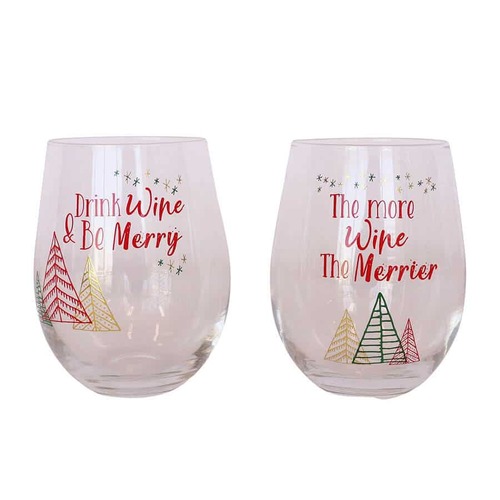Drink Wine & Be Merry Wine Glass Red & Green 12cm (S/2)..