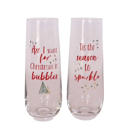 All I Want for Christmas is Bubbles Champagne Glass Red & Green 16cm (S/2)..