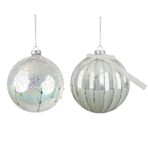 12cm Glass Bauble White with Silver