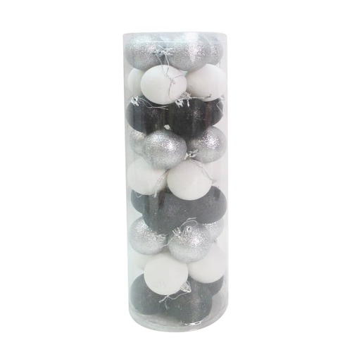 BAUBLES 60MM 36PC  MIXED GLITTER BLK/WHT/SLV CG