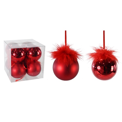 Bauble Red Fur Topped 6cm 8pk