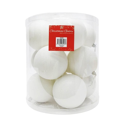 BAUBLES 100mm 12PC GLITTER WHITE
