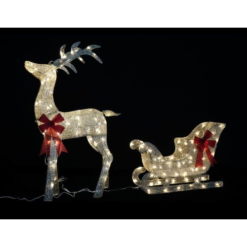LED Glitter Thread Reindeer W/Sleigh Gold..