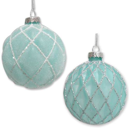 Cyan Blue Glass Bauble Crisscrossed Pattern 8cm 2asst