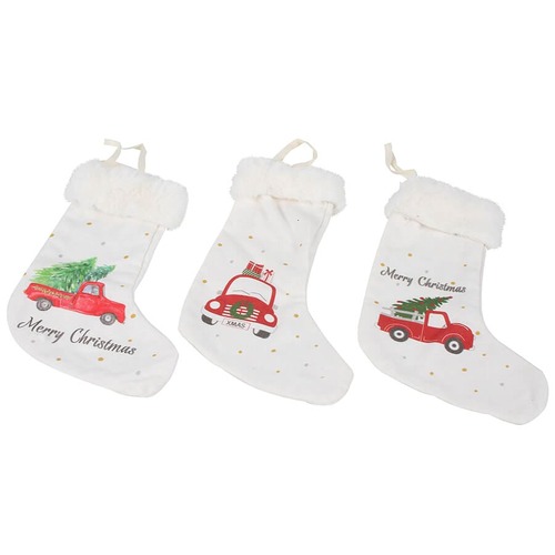 XMAS TRUCK STOCKING W/ FURR OVER-TURN 3 ASST DES 19 x 13CM..