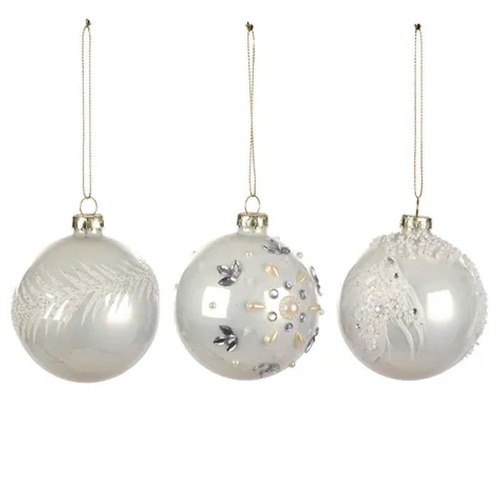 Glass Bauble 8cm Pearl White/White 3 Ass..