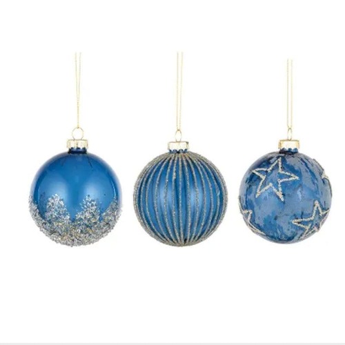 Marine Bauble Glass 8cm Blue/Silv 3 Asst..