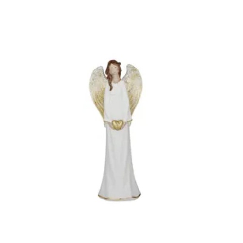 Angel W/Heart Poly 10x26cm Wht/Gold..