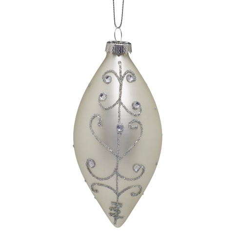 13cm White Glass Teardrop with Silver Pattern