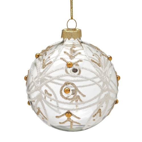 8cm Glass with White Swirls & Gold Pearls